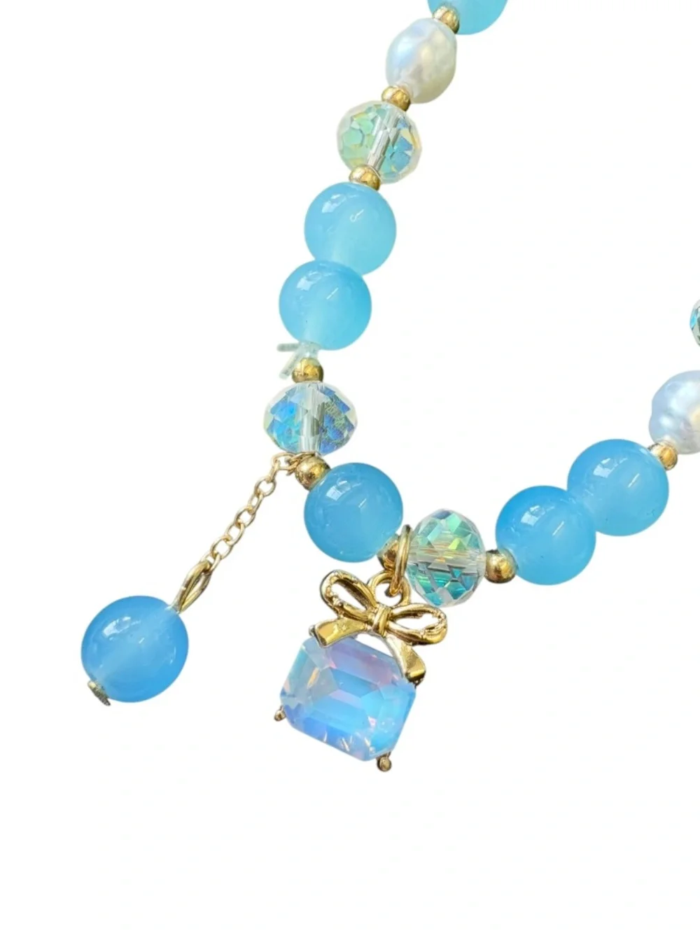 Sky Blue Glass Beaded and Faux Pearl Bracelet in Goldtone Set of Three